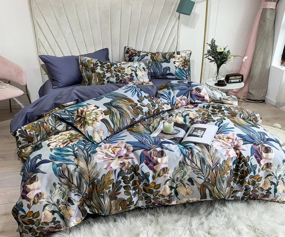 Silk Egyptian Cotton Birds Plant Duvet Cover 4 pcs Bedding Set