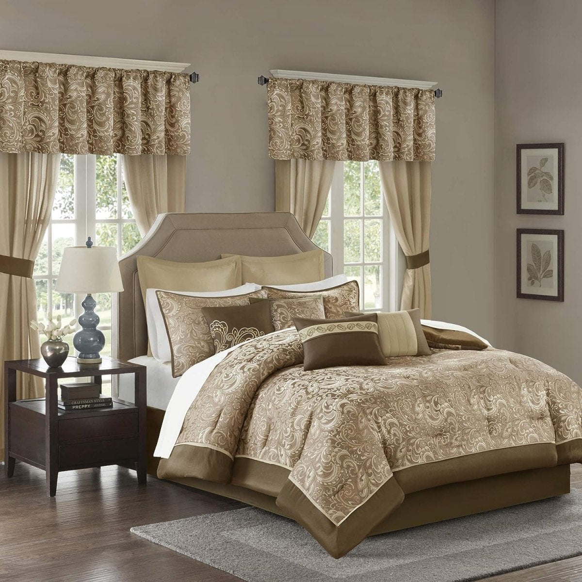 Master Bedroom 24 Piece Room in a Bag Faux Silk Hypoallergenic Down Alternative Comforter Matching Curtains - Any Linen