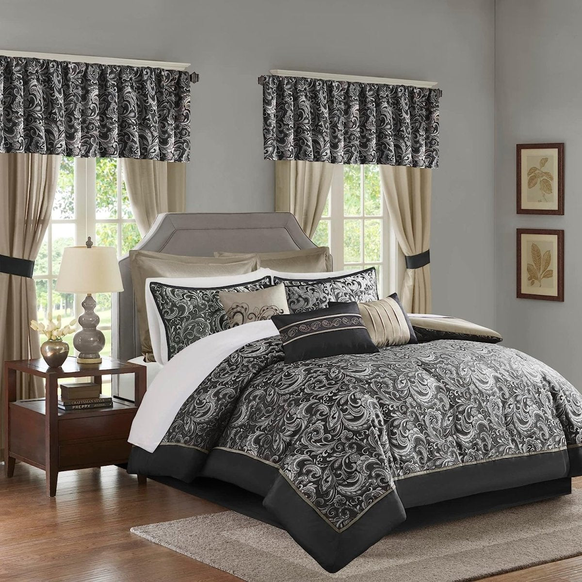 Master Bedroom 24 Piece Room in a Bag Faux Silk Hypoallergenic Down Alternative Comforter Matching Curtains - Any Linen