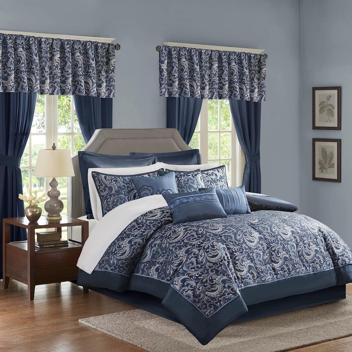 Master Bedroom 24 Piece Room in a Bag Faux Silk Hypoallergenic Down Alternative Comforter Matching Curtains - Any Linen