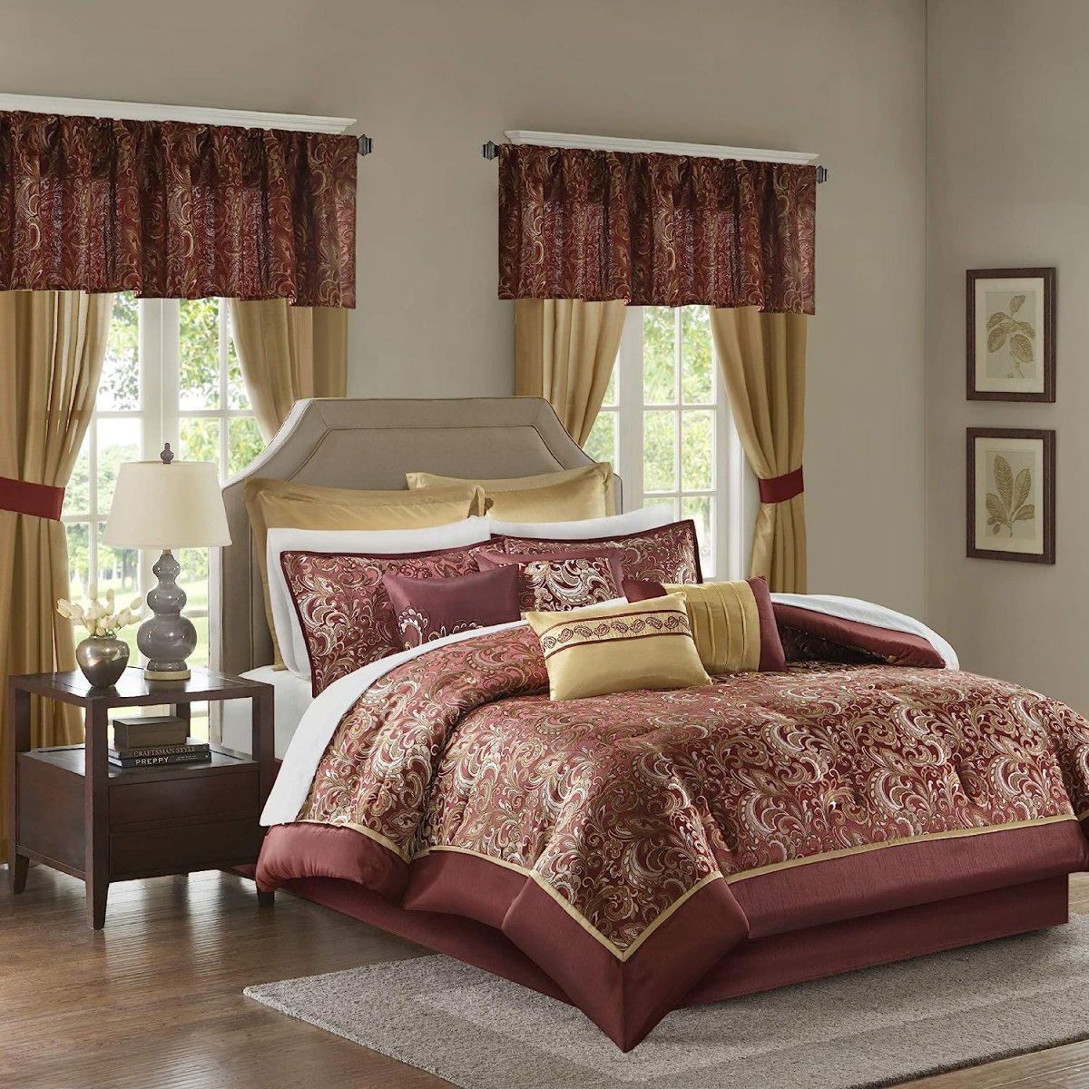 Master Bedroom 24 Piece Room in a Bag Faux Silk Hypoallergenic Down Alternative Comforter Matching Curtains - Any Linen