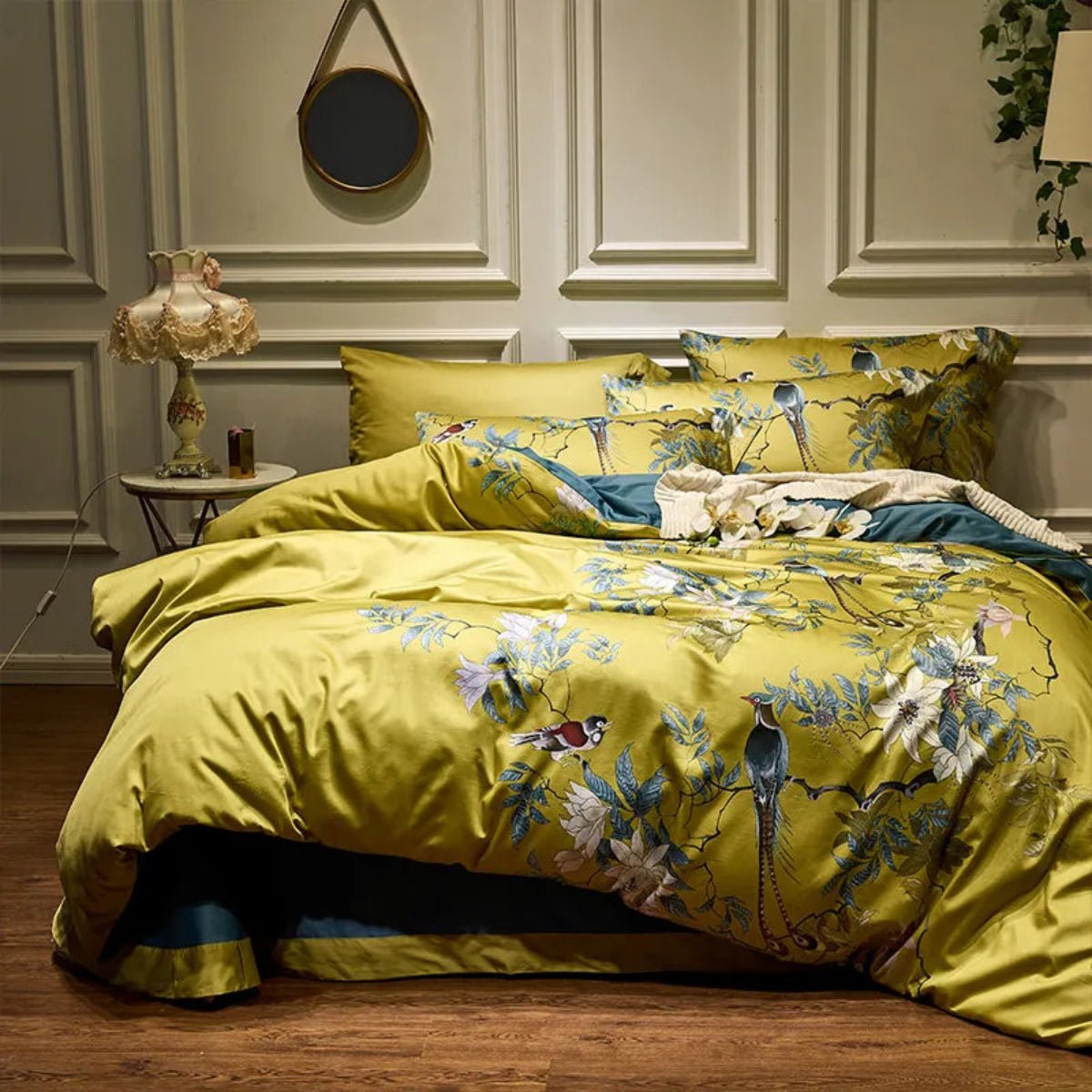 Silk Egyptian Cotton Birds Plant Duvet Cover 4 pcs Bedding Set - Any Linen