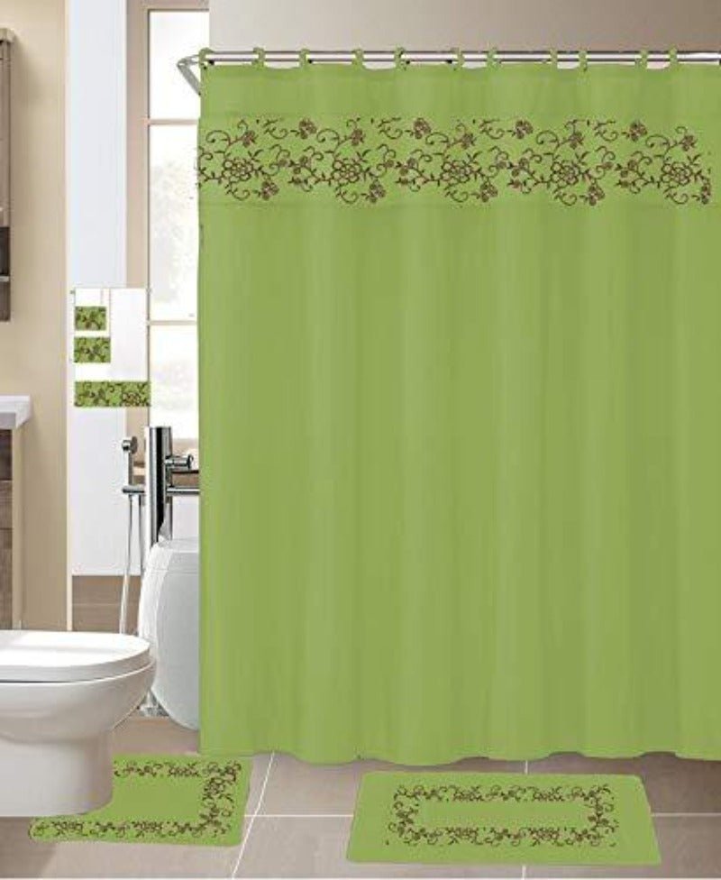 18 Pieces Shower Curtain Matching Fabric Hook Embroidery Bath Mat Contour Rug Towel Set - Any Linen