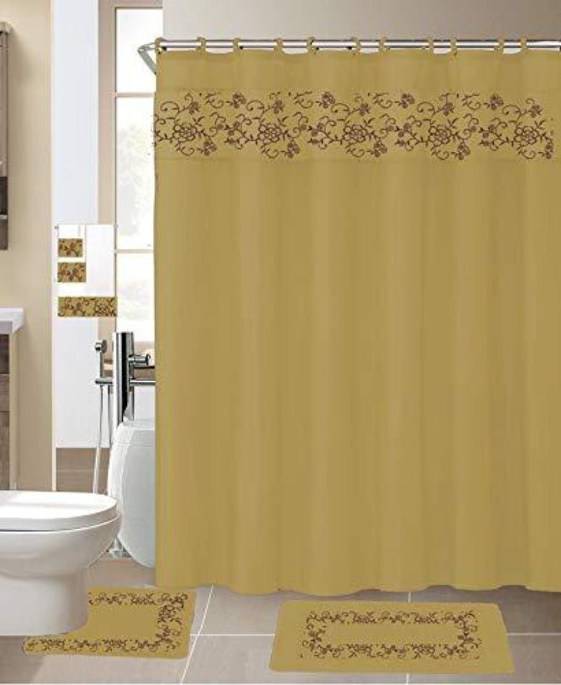 18 Pieces Shower Curtain Matching Fabric Hook Embroidery Bath Mat Contour Rug Towel Set - Any Linen