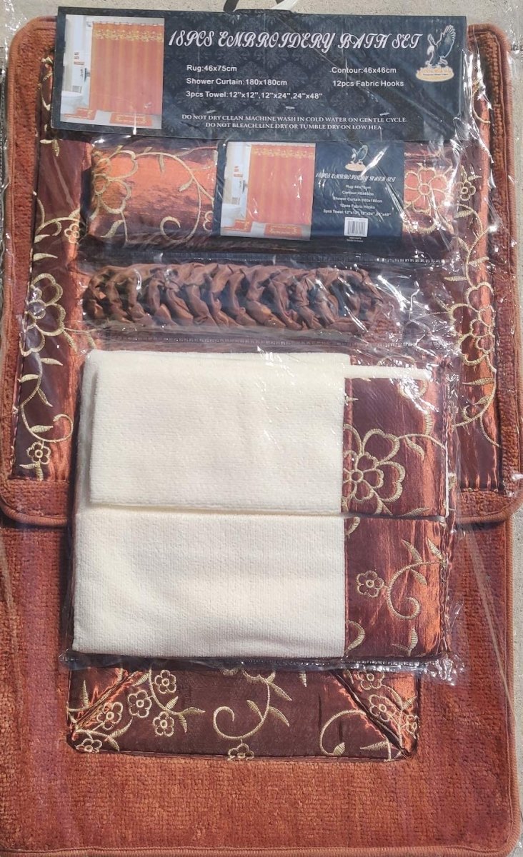 18 Pieces Shower Curtain Matching Fabric Hook Embroidery Bath Mat Contour Rug Towel Set - Any Linen