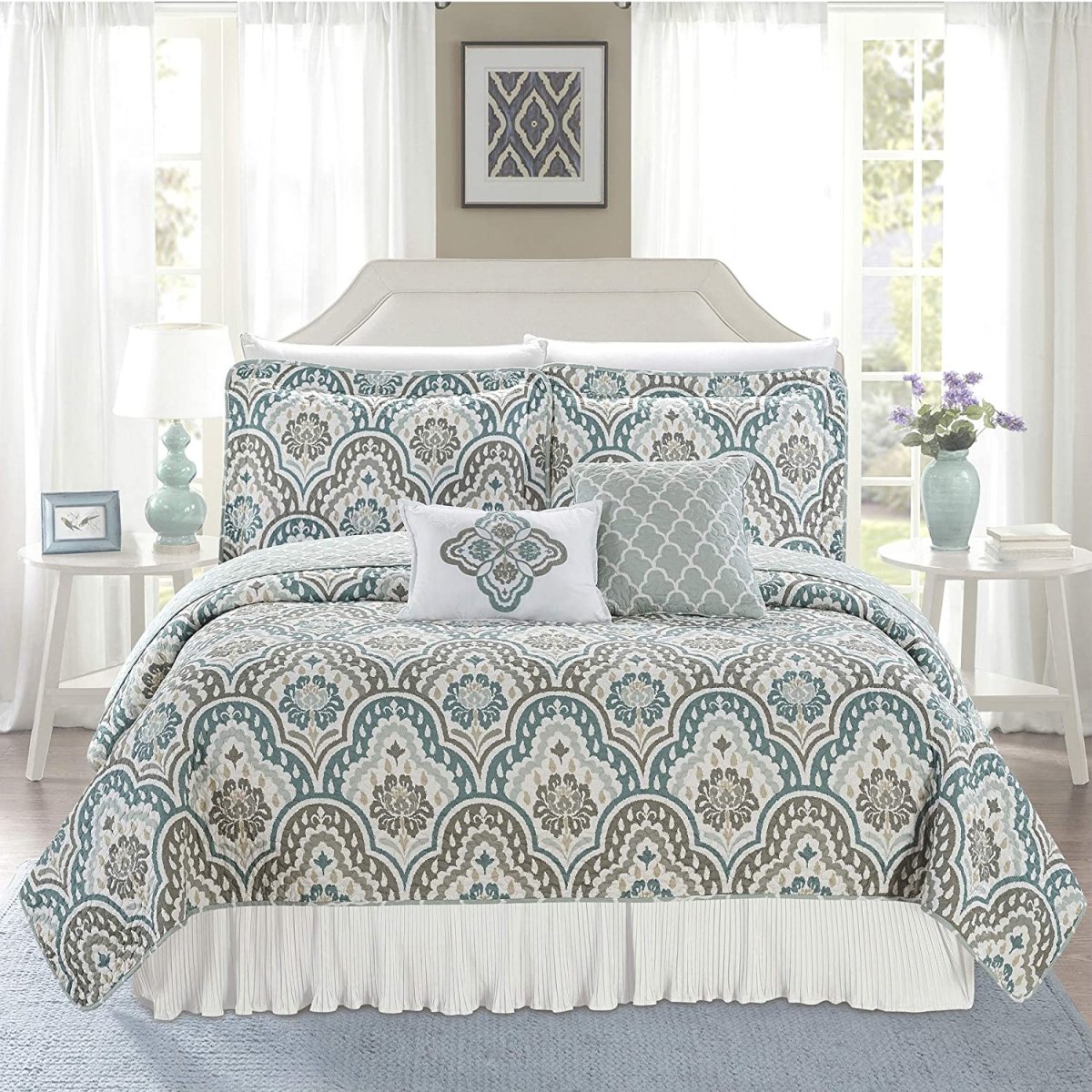5 Piece Teal Aqua Bed Coverlet Filled Embroidery Bedding Set - Any Linen