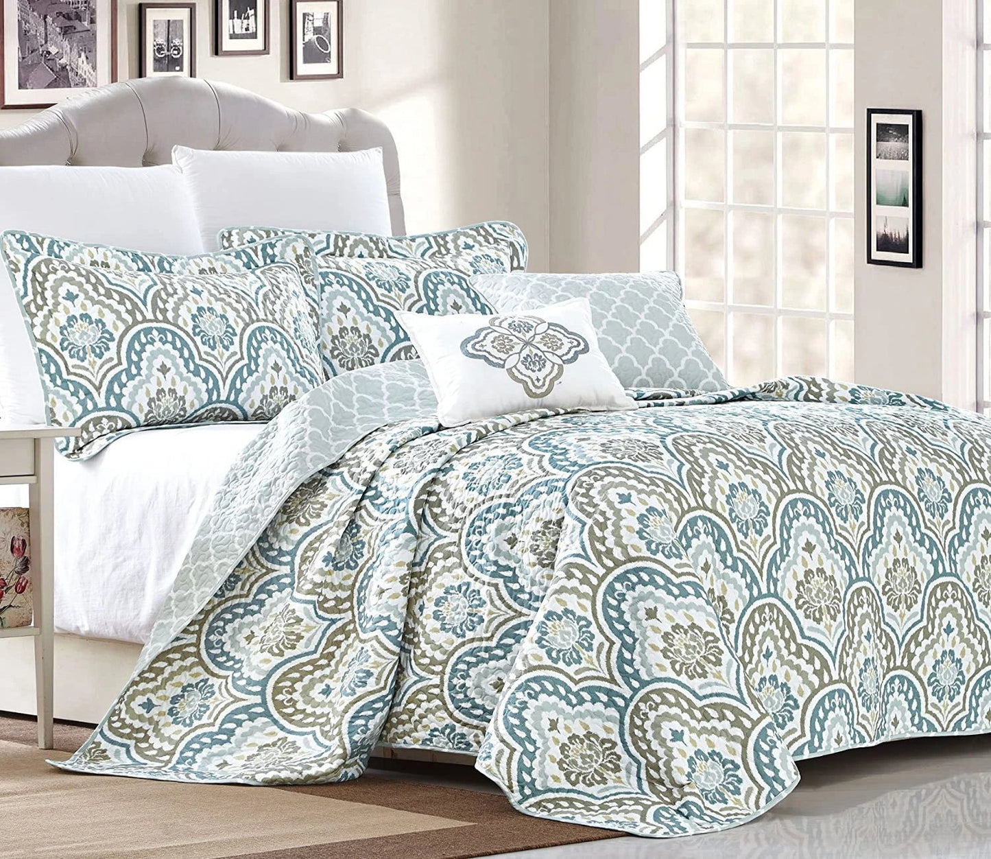 5 Piece Teal Aqua Bed Coverlet Filled Embroidery Bedding Set | AnyLinen