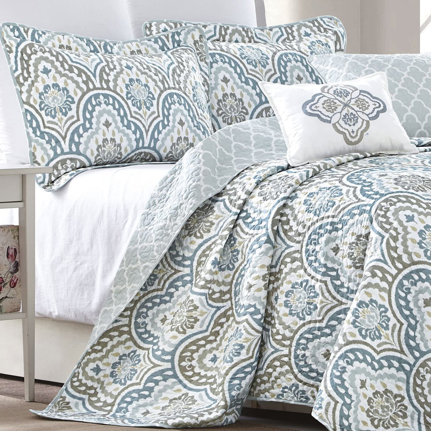 5 Piece Teal Aqua Bed Coverlet Filled Embroidery Bedding Set | AnyLinen