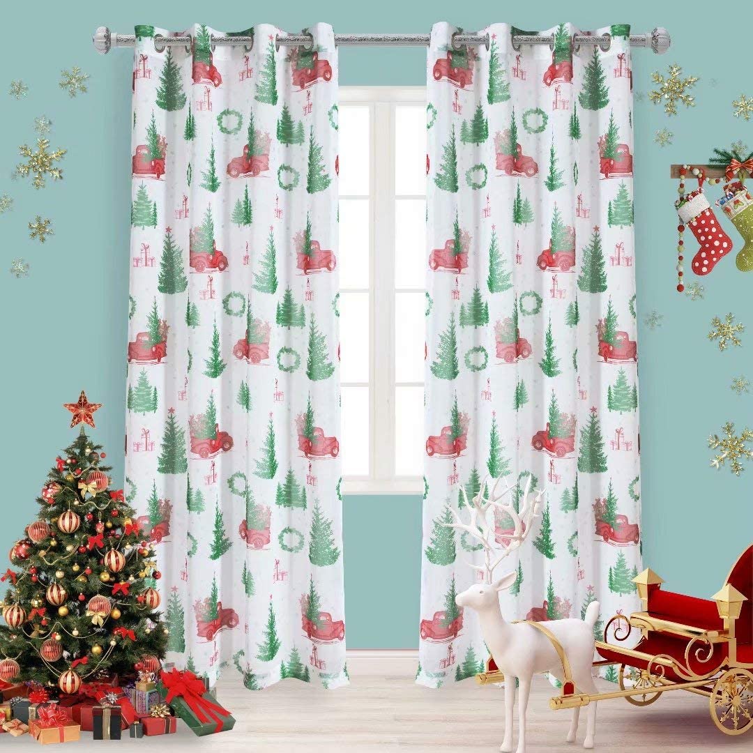Christmas Faux Linen Sheer Curtains Light Filtering Grommets. Set of 2