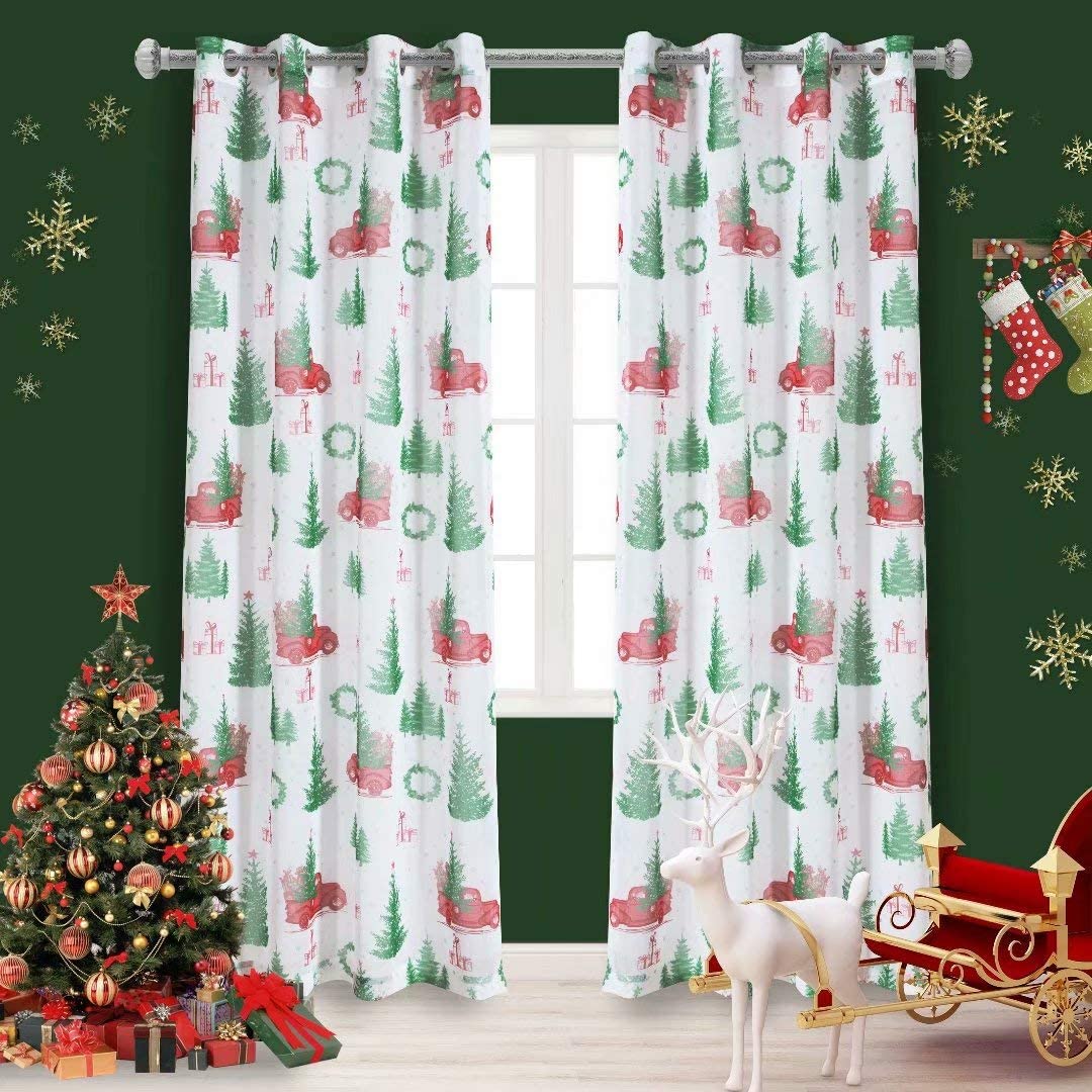 Christmas Faux Linen Sheer Curtains Light Filtering Grommets. Set of 2