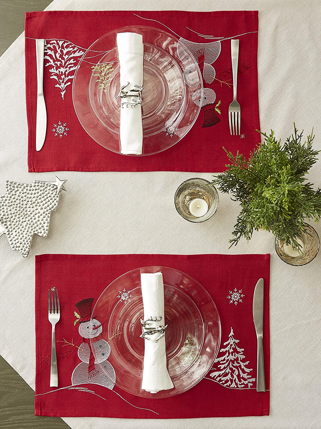 Christmas Holiday Embroidered Placemats, 13 x 19" Set of 4 | Any Linen