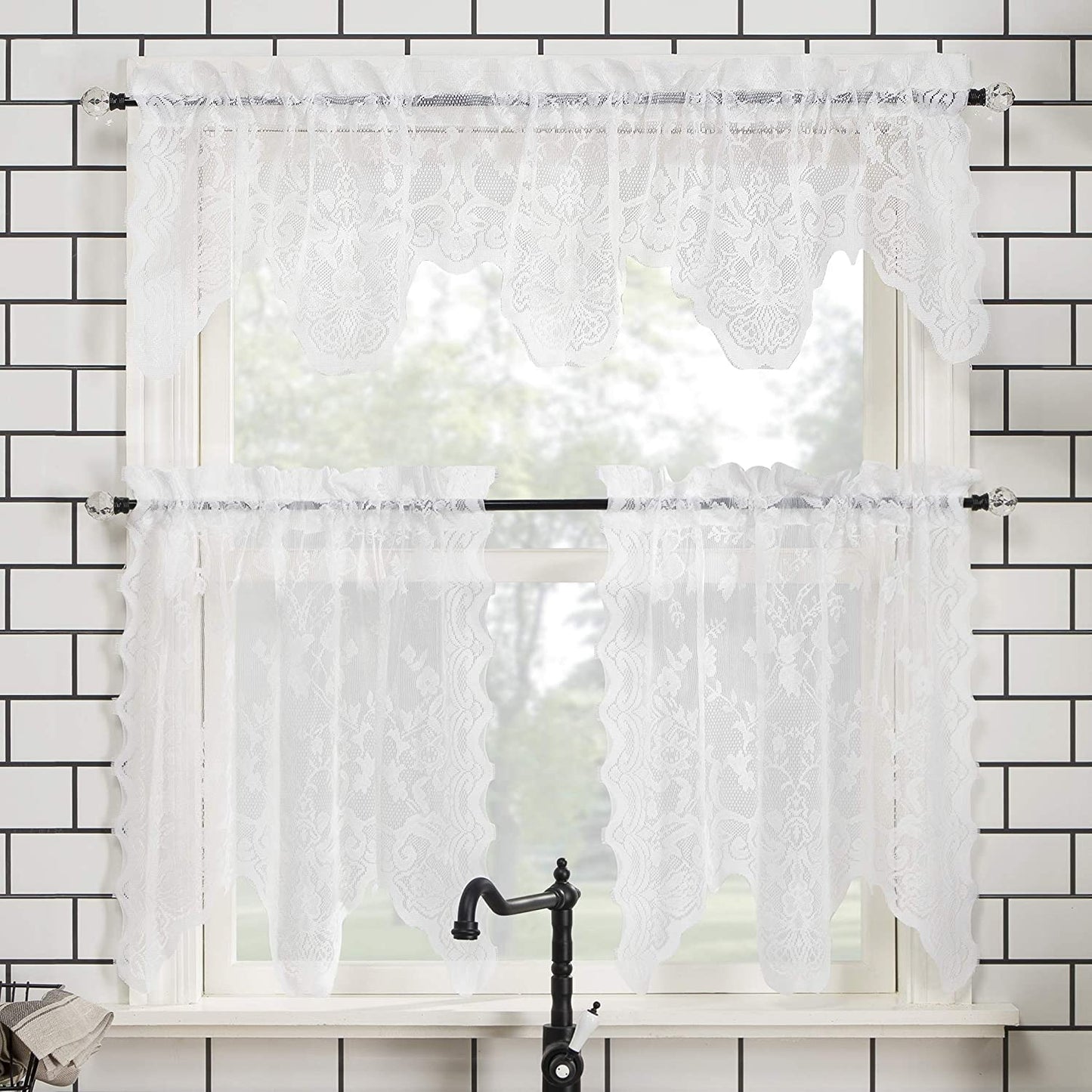Floral Lace Sheer Rod Pocket Kitchen Curtain Valance and Tiers Set