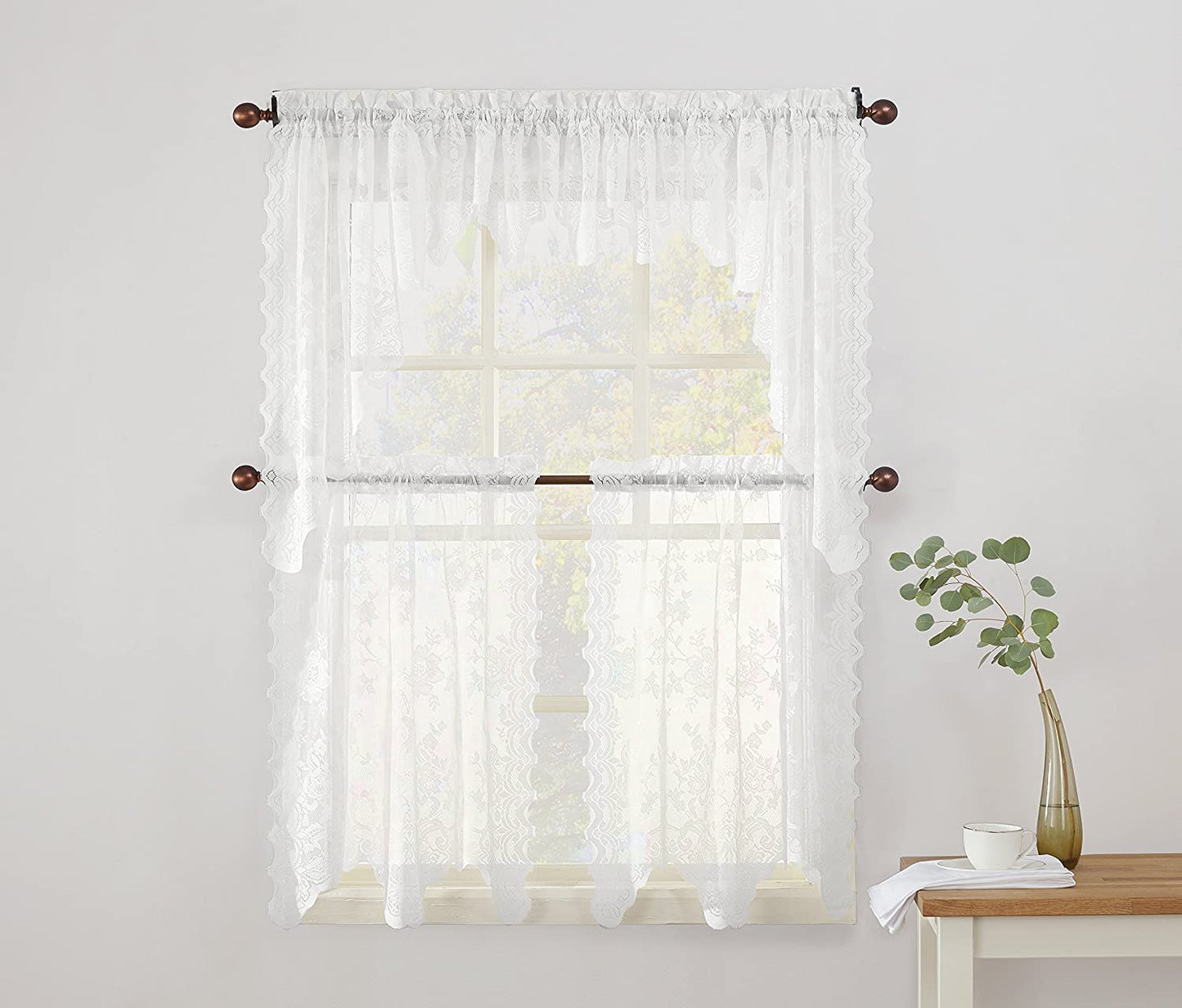 Floral Lace Sheer Rod Pocket Kitchen Curtain Valance and Tiers Set