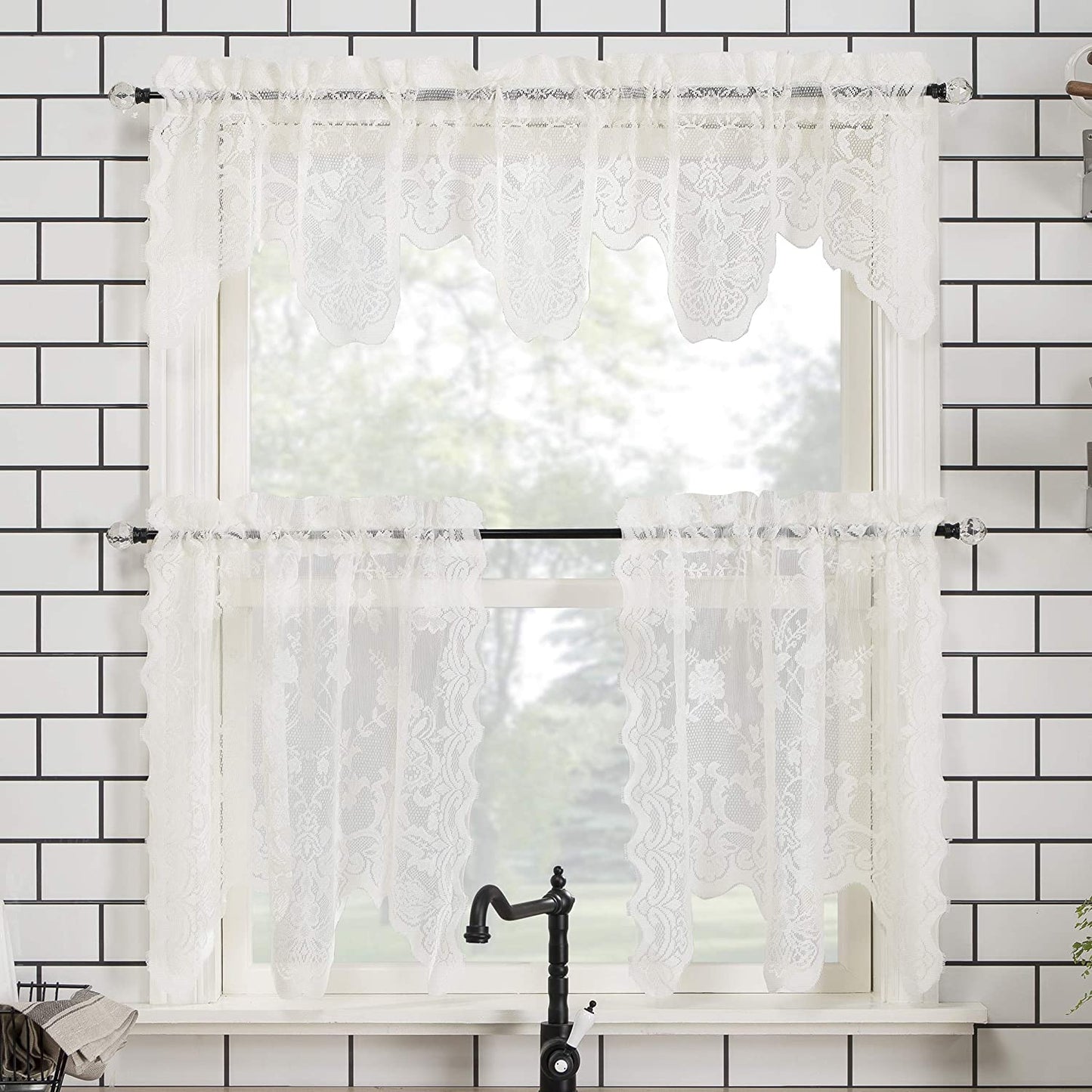 Floral Lace Sheer Rod Pocket Kitchen Curtain Valance and Tiers Set