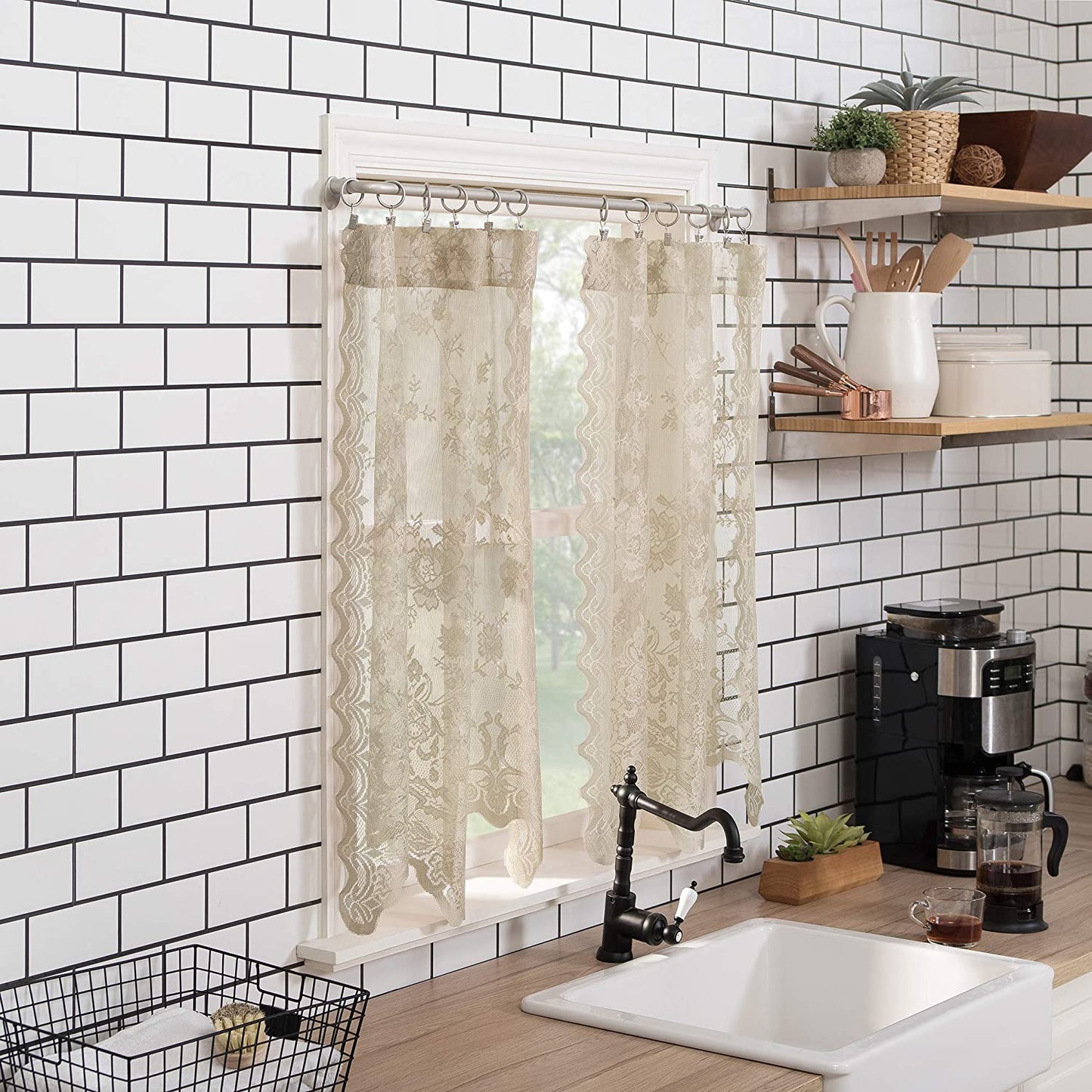 Floral Lace Sheer Rod Pocket Kitchen Curtain Valance and Tiers Set