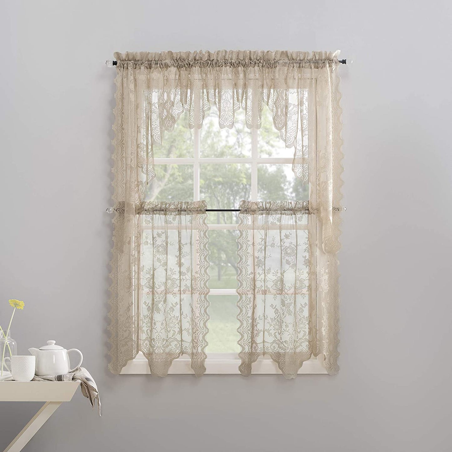 Floral Lace Sheer Rod Pocket Kitchen Curtain Valance and Tiers Set