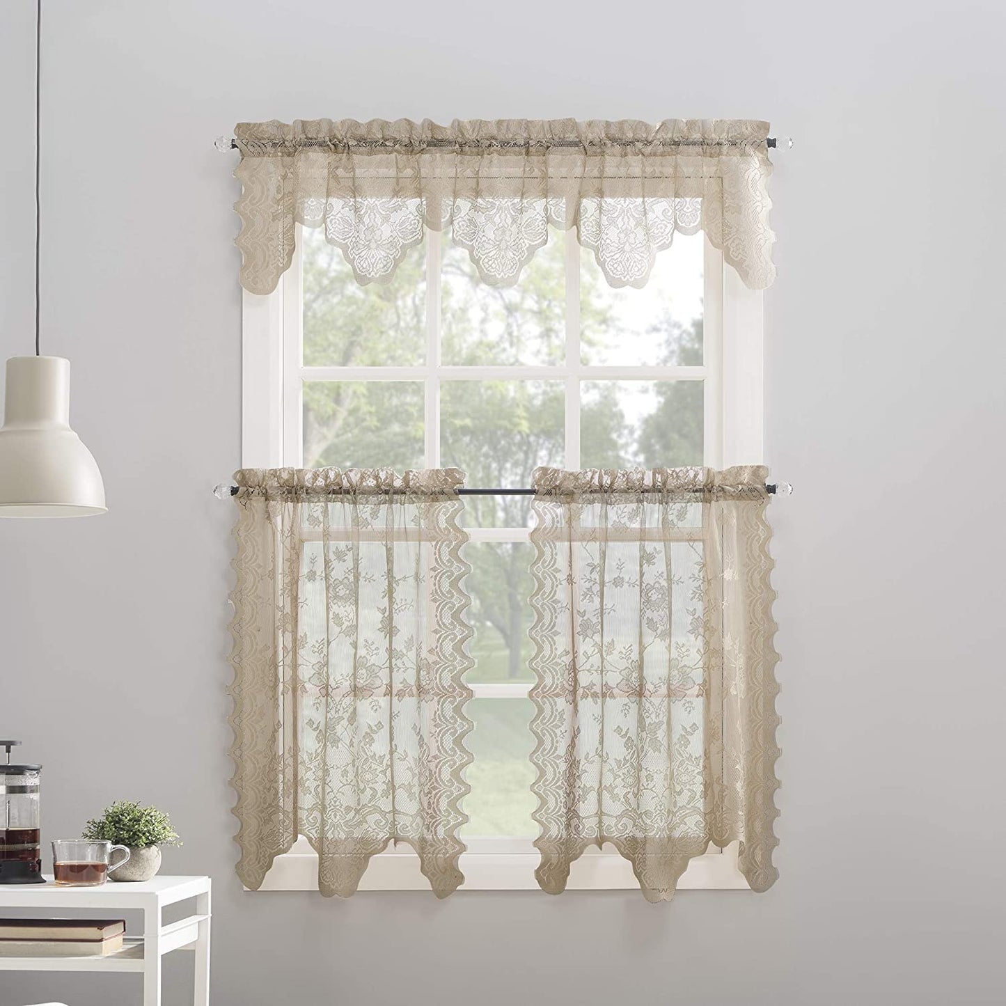 Floral Lace Sheer Rod Pocket Kitchen Curtain Valance and Tiers Set