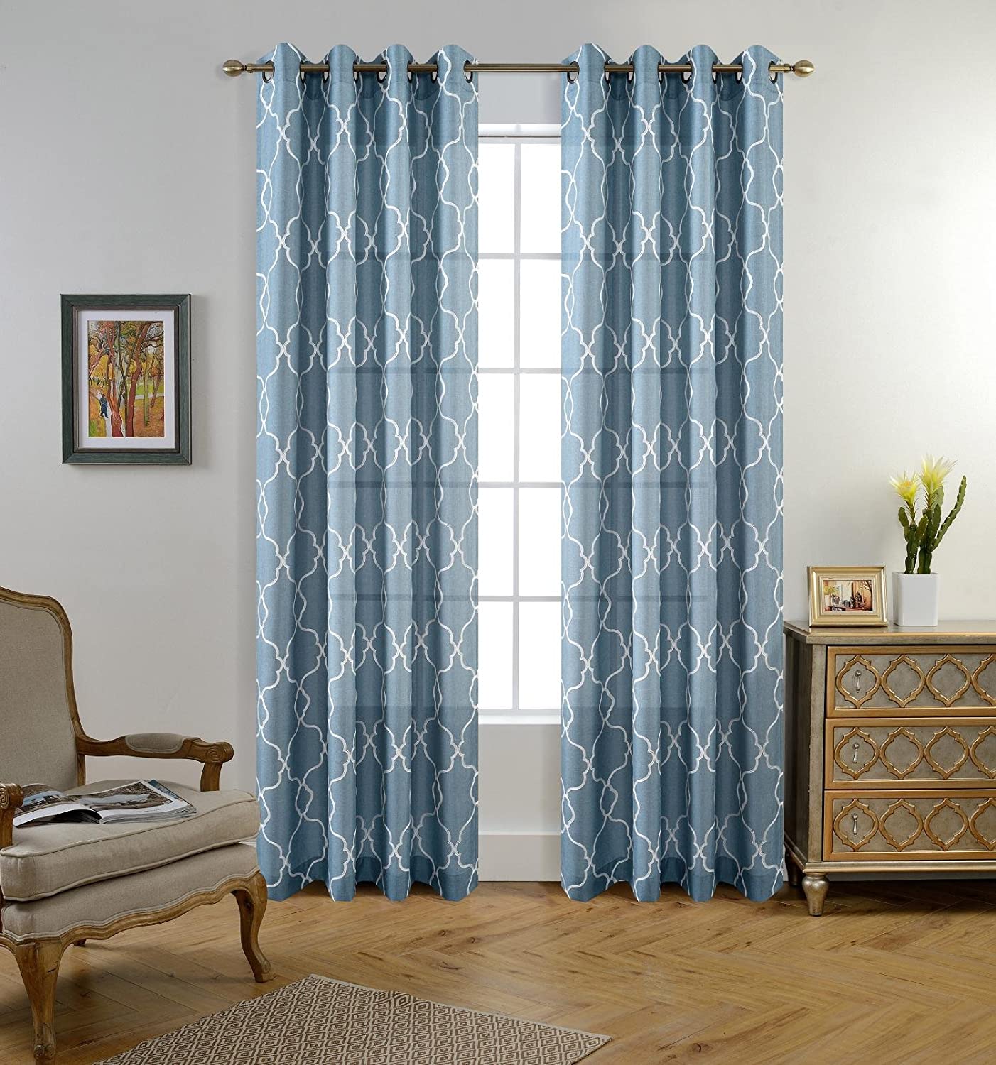 Moroccan Embroidered Semi Sheer Faux Linen Grommet Curtain Set - AnyLinen
