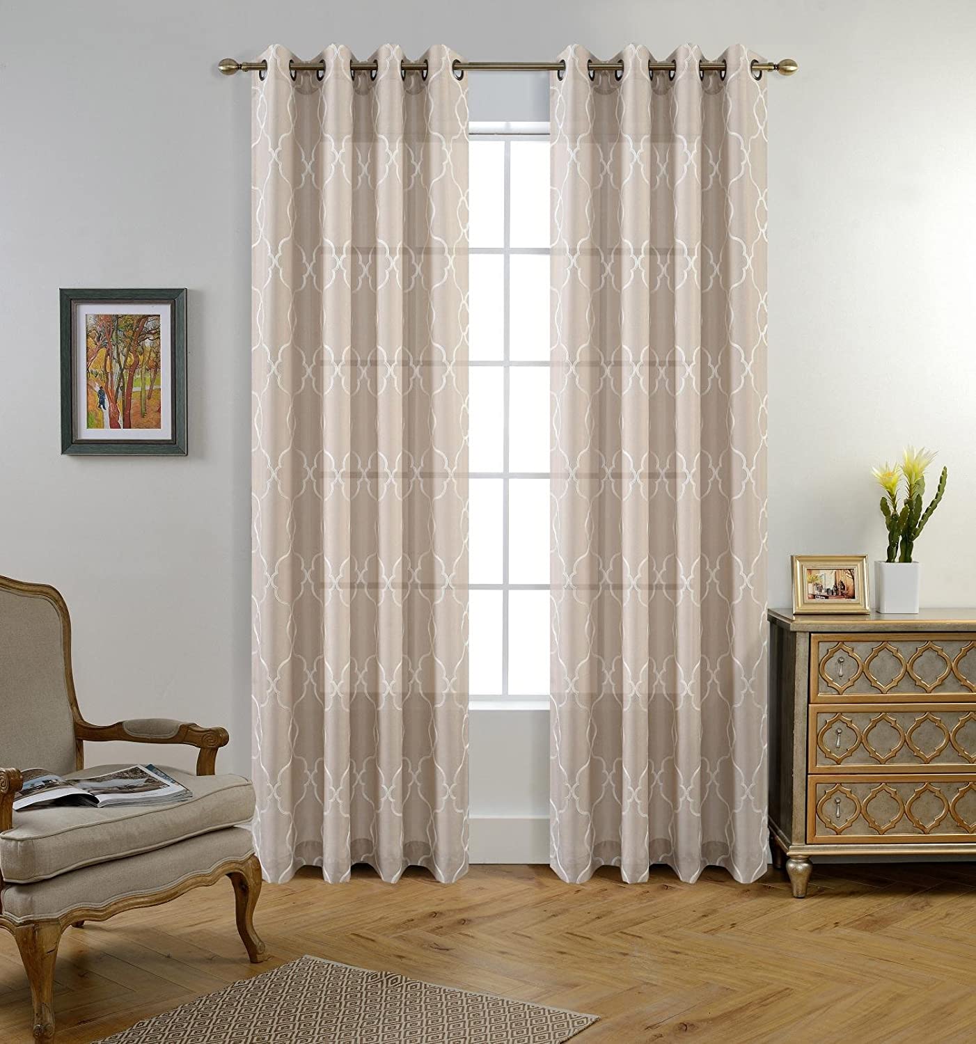 Moroccan Embroidered Semi Sheer Faux Linen Grommet Curtain Set - AnyLinen