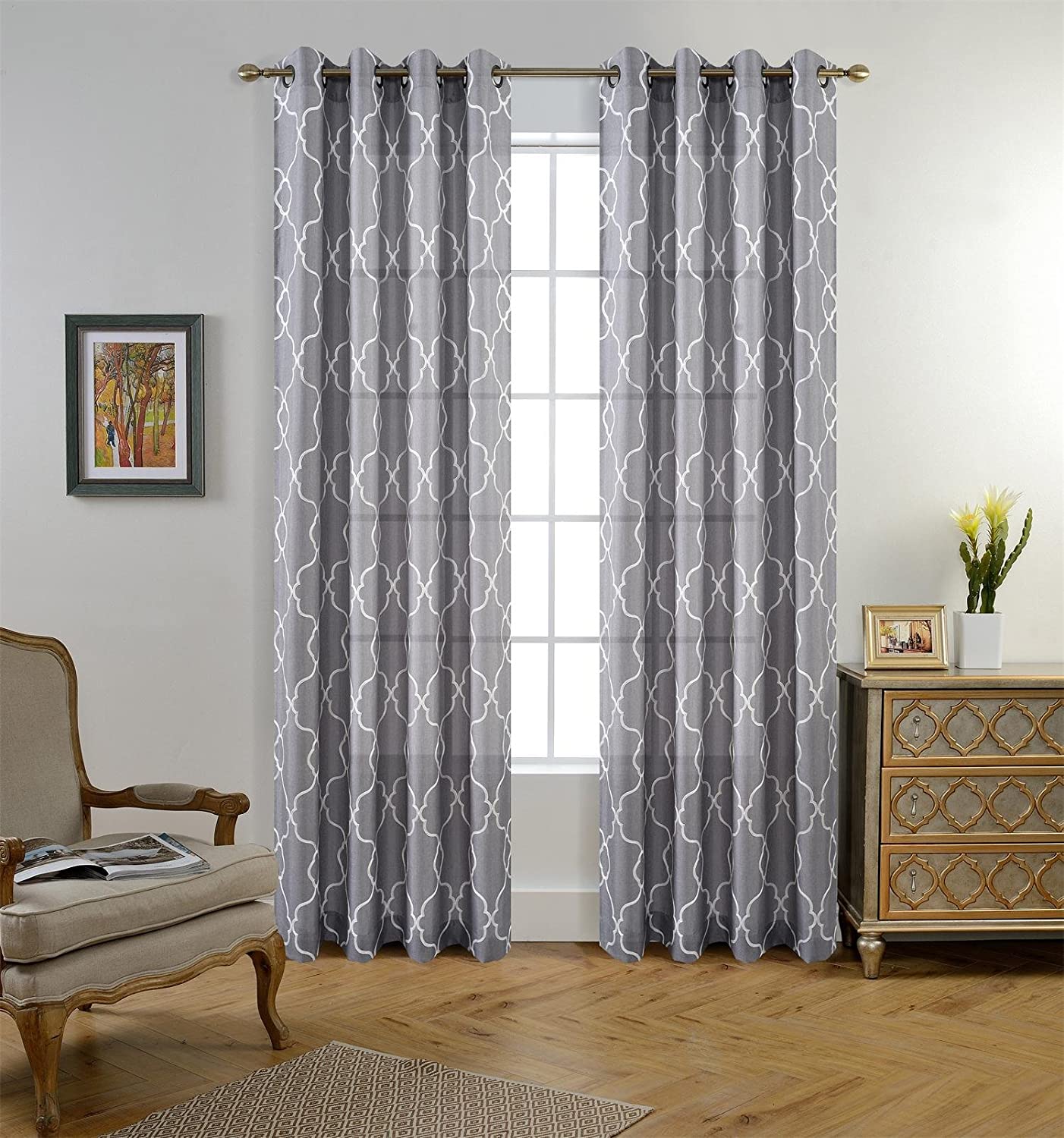 Moroccan Embroidered Semi Sheer Faux Linen Grommet Curtain Set - AnyLinen
