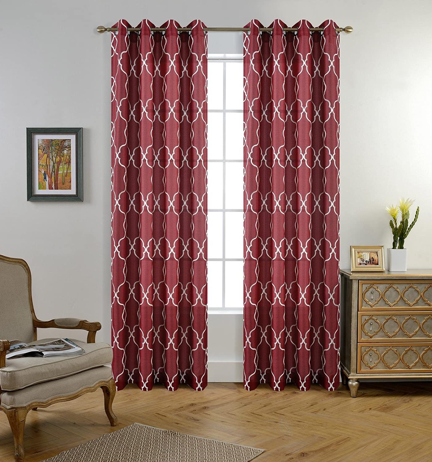Moroccan Embroidered Semi Sheer Faux Linen Grommet Curtain Set - AnyLinen