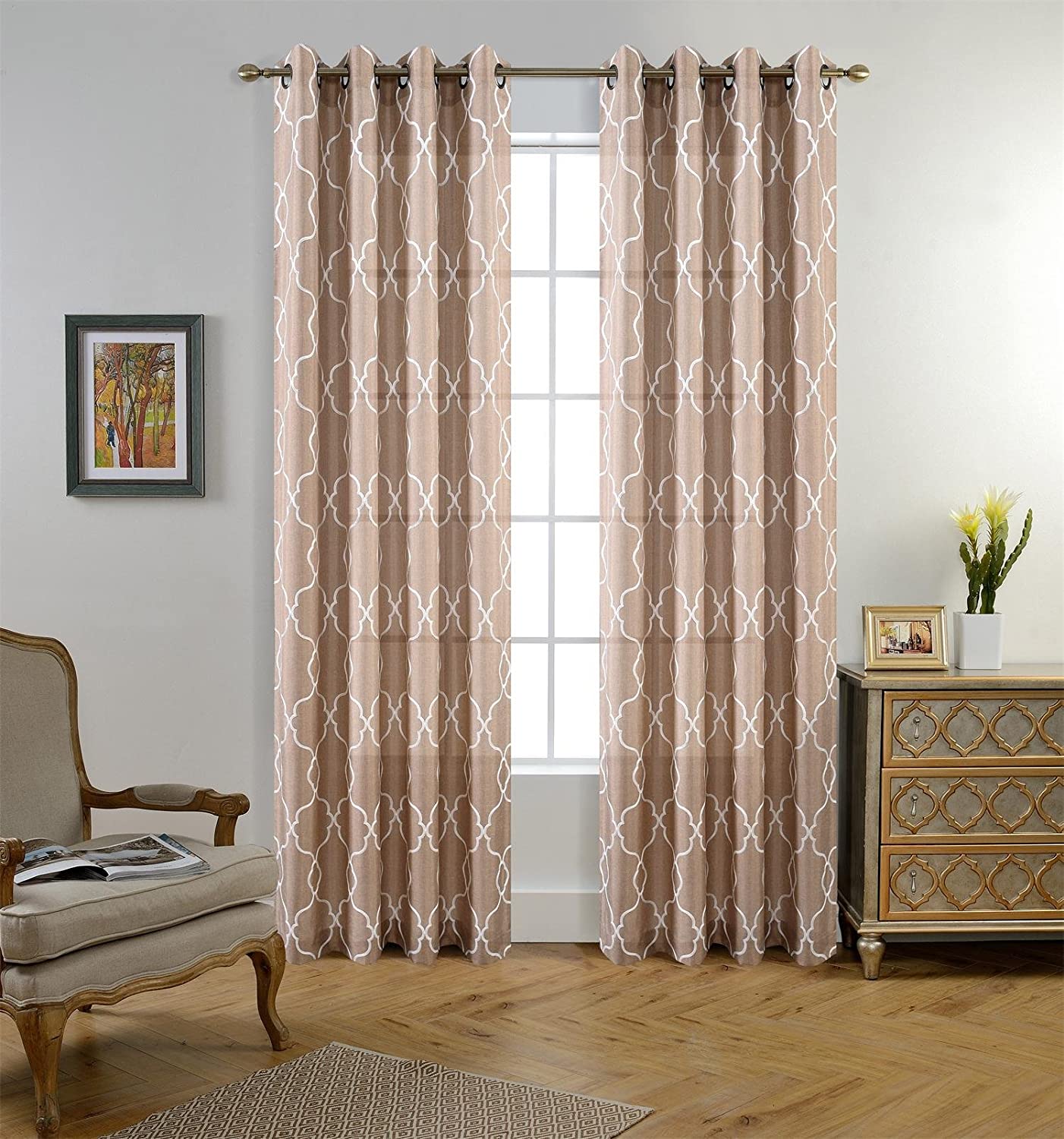 Moroccan Embroidered Semi Sheer Faux Linen Grommet Curtain Set - AnyLinen