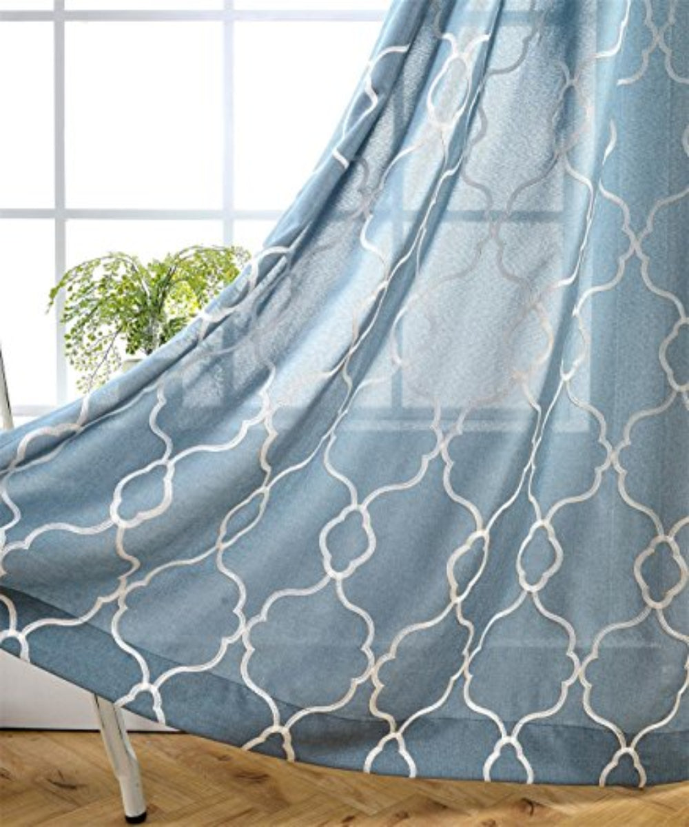 Moroccan Embroidered Semi Sheer Faux Linen Grommet Curtain Set - AnyLinen