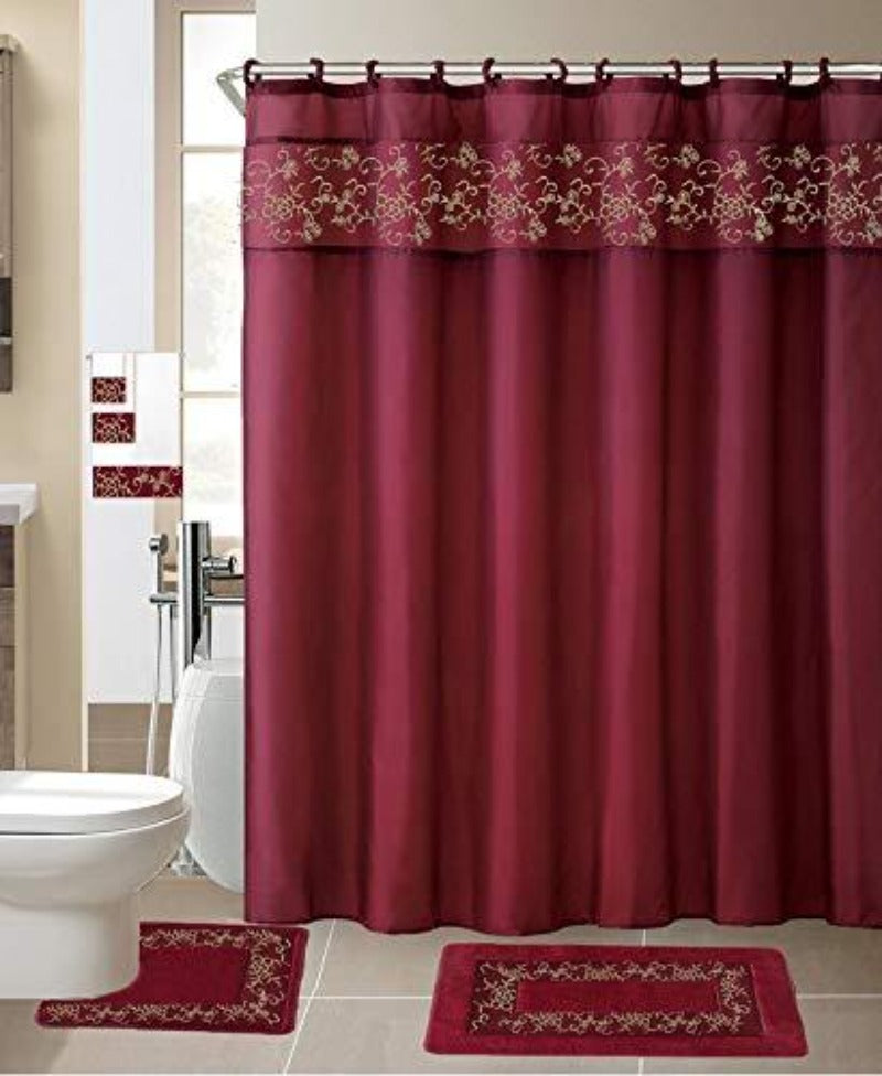 Shower Curtain Fabric Hook Embroidery Bath Mat Contour Rug Towel Set