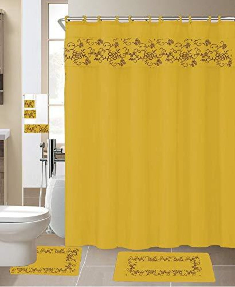 Shower Curtain Fabric Hook Embroidery Bath Mat Contour Rug Towel Set