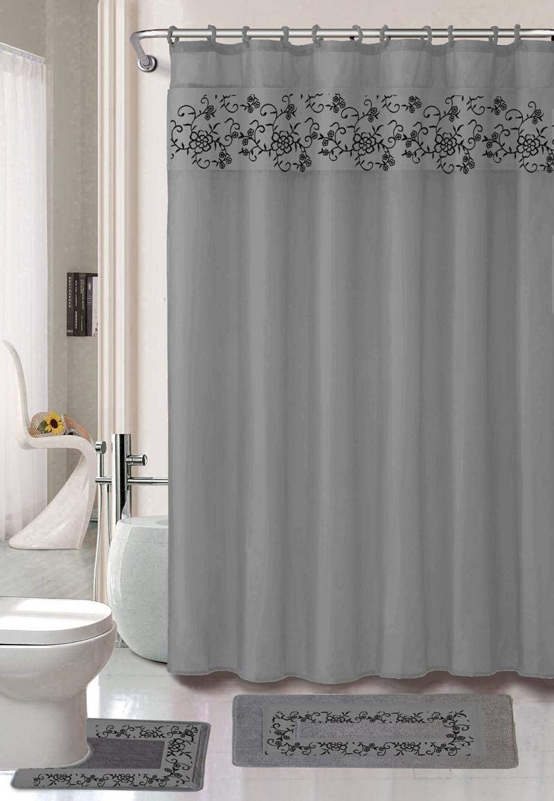 Shower Curtain Fabric Hook Embroidery Bath Mat Contour Rug Towel Set