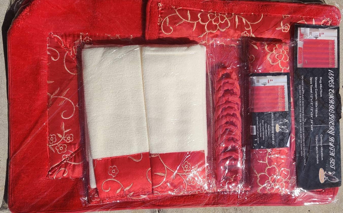 Shower Curtain Fabric Hook Embroidery Bath Mat Contour Rug Towel Set
