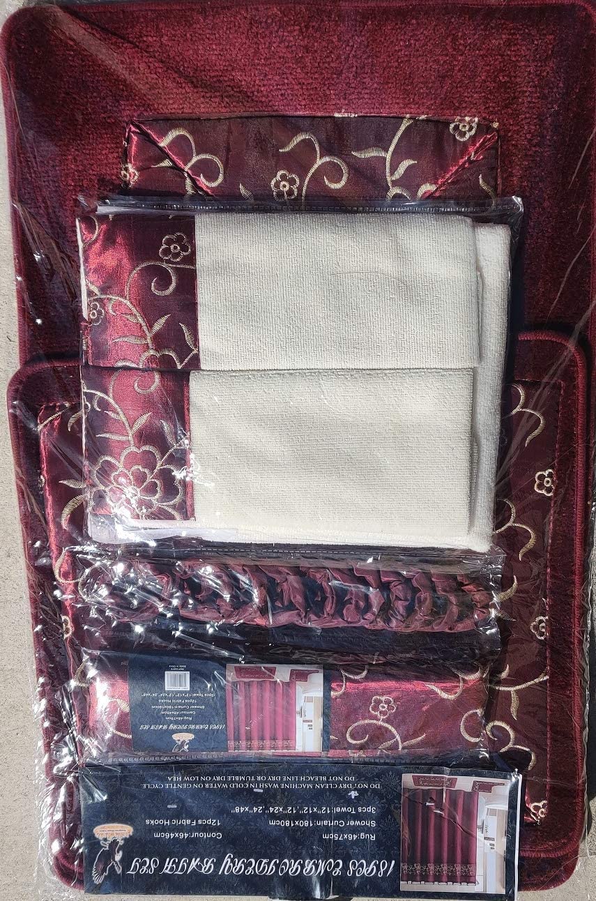 Shower Curtain Fabric Hook Embroidery Bath Mat Contour Rug Towel Set