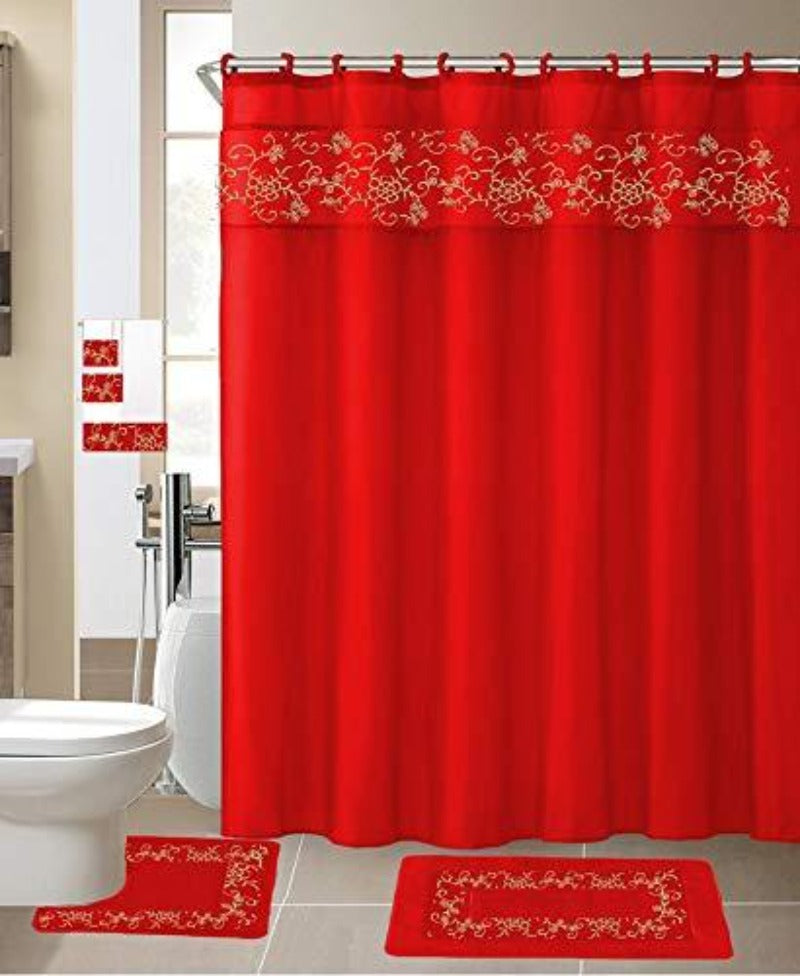 Shower Curtain Fabric Hook Embroidery Bath Mat Contour Rug Towel Set