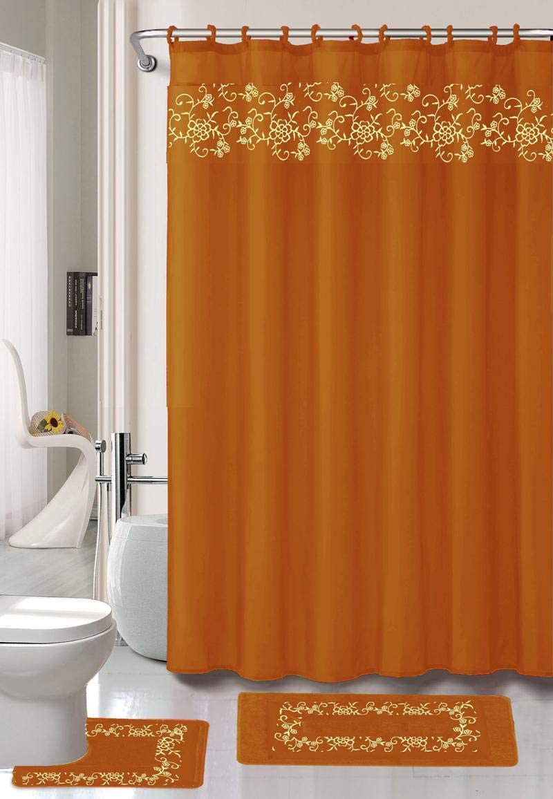 Shower Curtain Fabric Hook Embroidery Bath Mat Contour Rug Towel Set