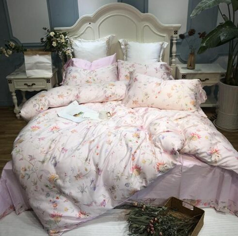 Silk Egyptian Cotton Birds Plant Duvet Cover 4 pcs Bedding Set