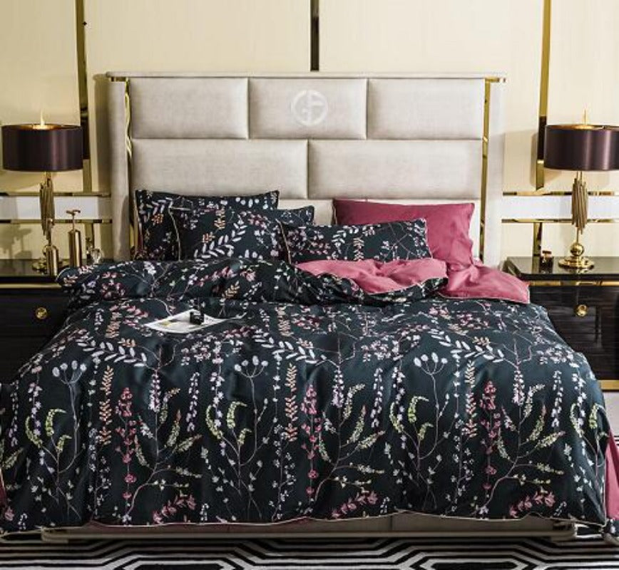 Silk Egyptian Cotton Birds Plant Duvet Cover 4 pcs Bedding Set