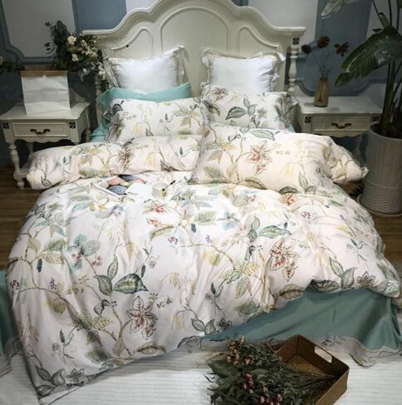 Silk Egyptian Cotton Birds Plant Duvet Cover 4 pcs Bedding Set