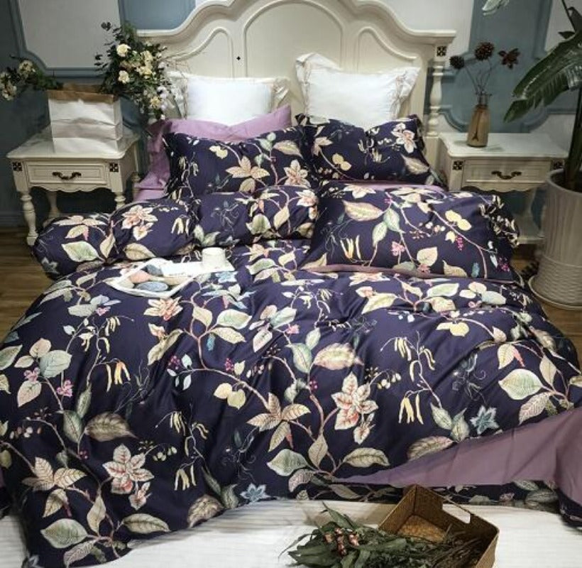 Silk Egyptian Cotton Birds Plant Duvet Cover 4 pcs Bedding Set