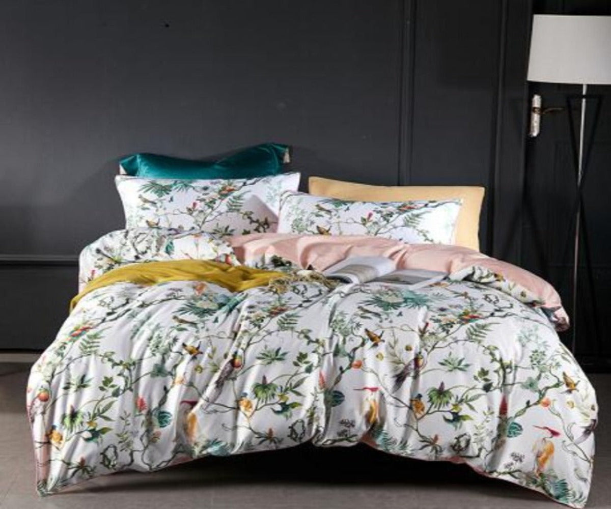 Silk Egyptian Cotton Birds Plant Duvet Cover 4 pcs Bedding Set