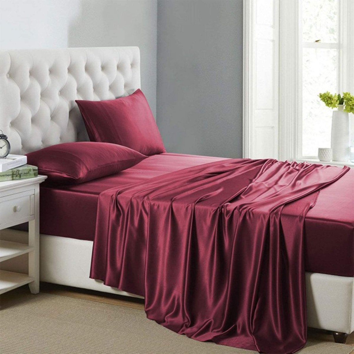Cooling Silk Satin 4-Piece Queen Bed Sheet Set Deep Pockets – AnyLinen, image size:1200x1200