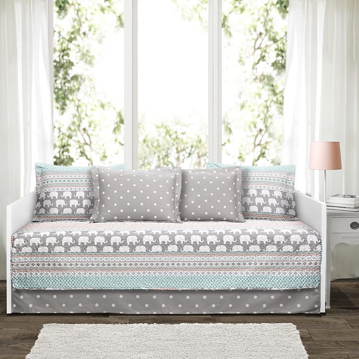 Elephant Stripe 6 Piece Day Bed Cover Bedding Set Includes Bed Skirt, Pillow Shams, Pillowcases - Any Linen