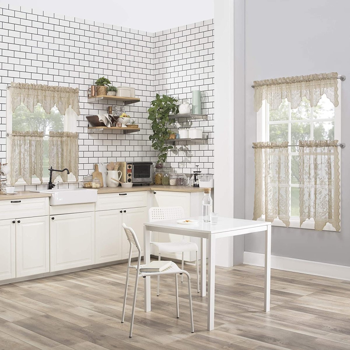 Floral Lace Sheer Rod Pocket Kitchen Curtain Valance and Tiers Set - Any Linen