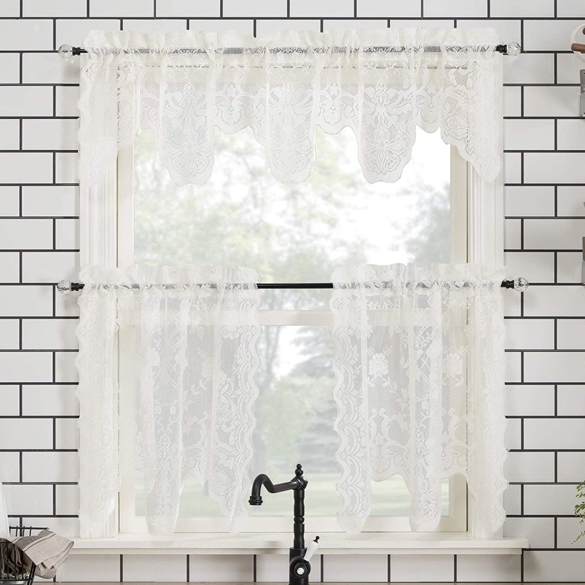 Floral Lace Sheer Rod Pocket Kitchen Curtain Valance and Tiers Set - Any Linen