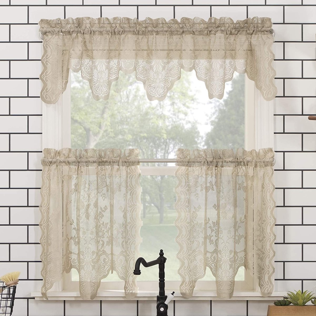 Floral Lace Sheer Rod Pocket Kitchen Curtain Valance and Tiers Set - Any Linen