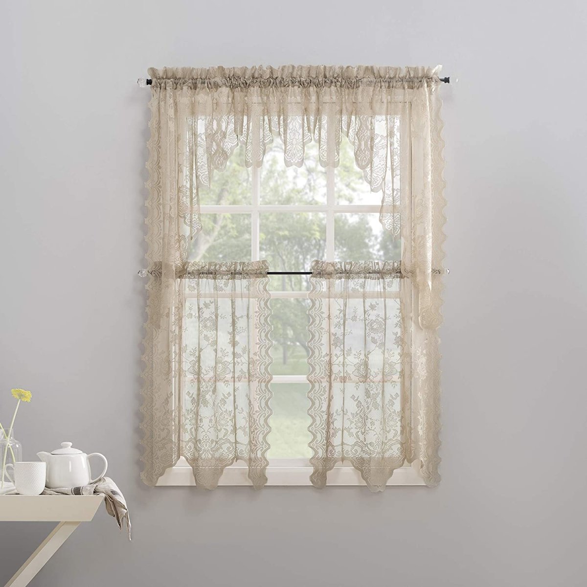 Floral Lace Sheer Rod Pocket Kitchen Curtain Valance and Tiers Set - Any Linen