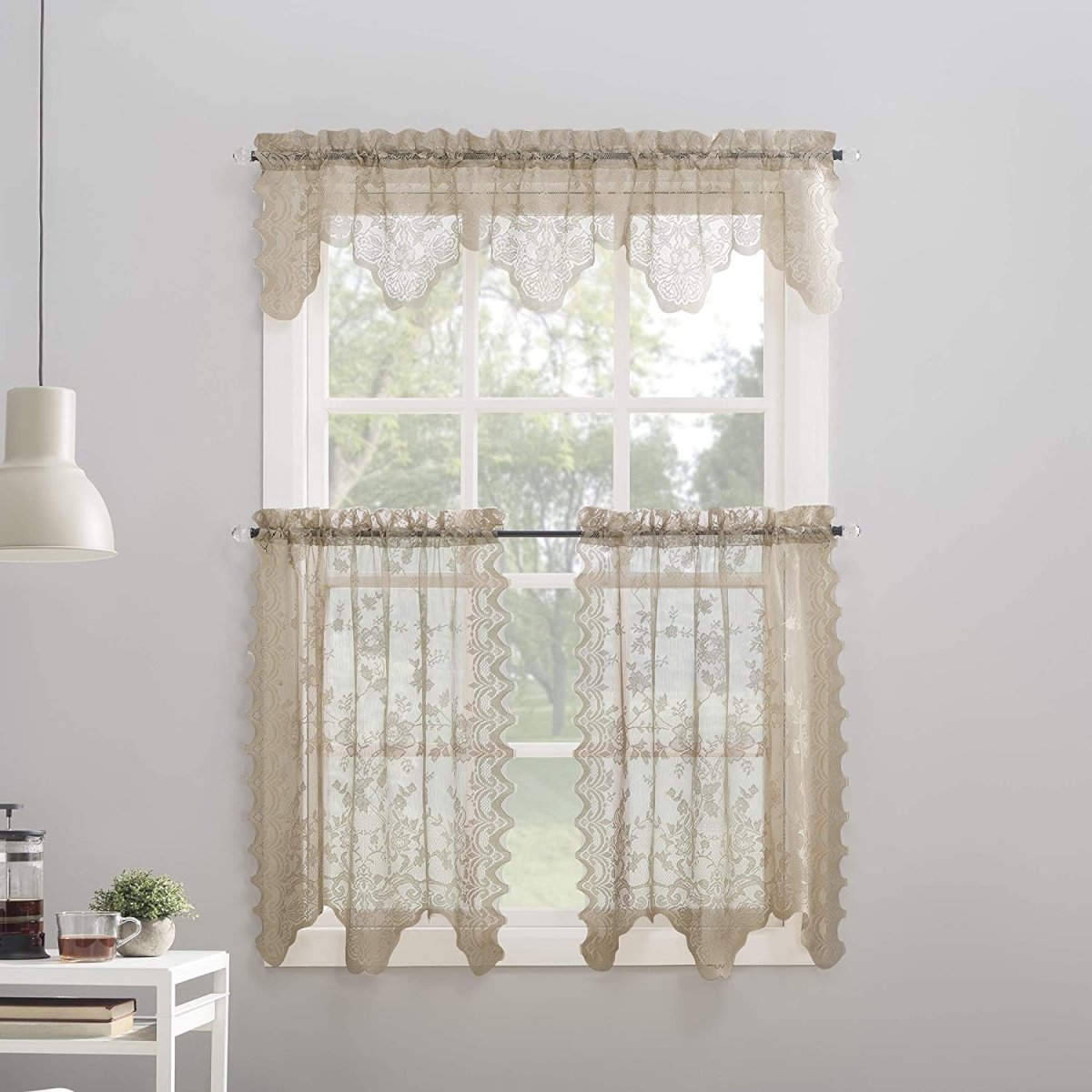 Floral Lace Sheer Rod Pocket Kitchen Curtain Valance and Tiers Set - Any Linen
