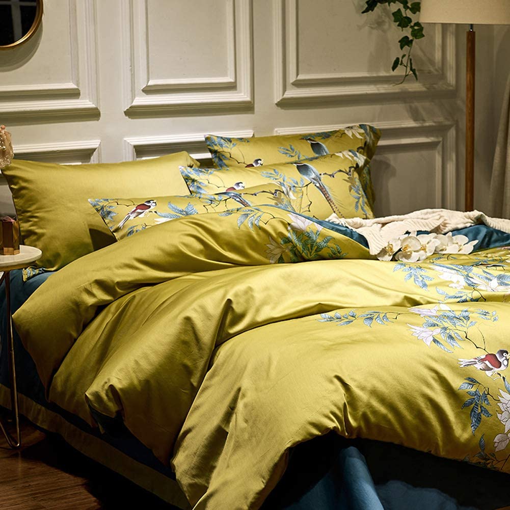 Floral Silky Satin Bird Flower Pattern Comforter Cover 3 pcs Set - Any Linen