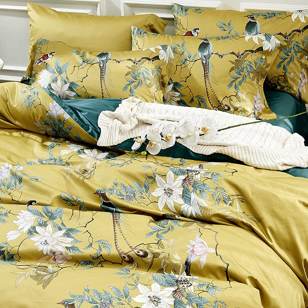 Floral Silky Satin Bird Flower Pattern Comforter Cover 3 pcs Set - Any Linen