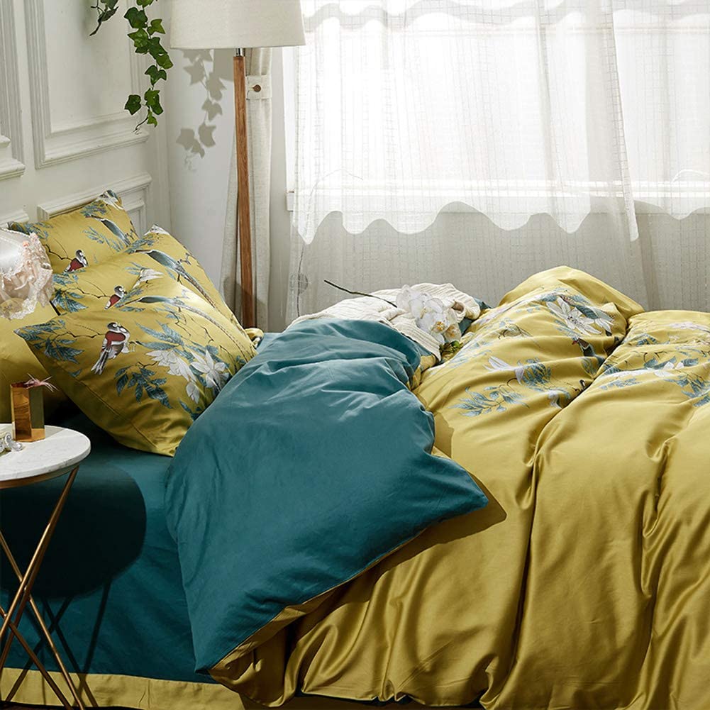 Floral Silky Satin Bird Flower Pattern Comforter Cover 3 pcs Set - Any Linen