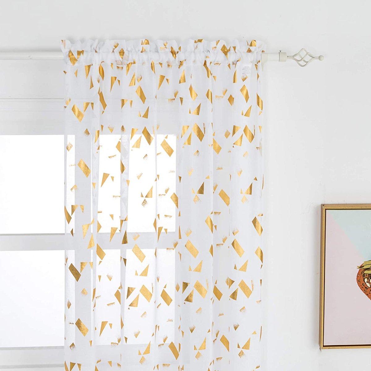 Gold Foil Confetti Fluttering Print Rod Pocket Short Sheer Drapes. 2 Panels - Any Linen